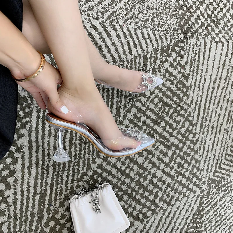 Женские прозрачные босоножки Стразы без шнуровки на необычном высоком каблуке 9