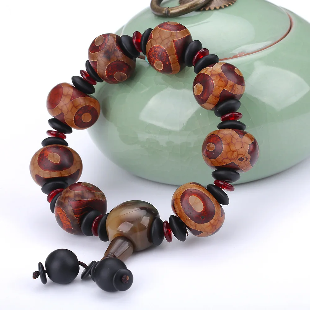 Tibetan Dzi Beads Bracelet Ethnic Style Great Quality 9 eyes Men's Natural Gray Agate Chalcedony Power Chakra | Украшения и