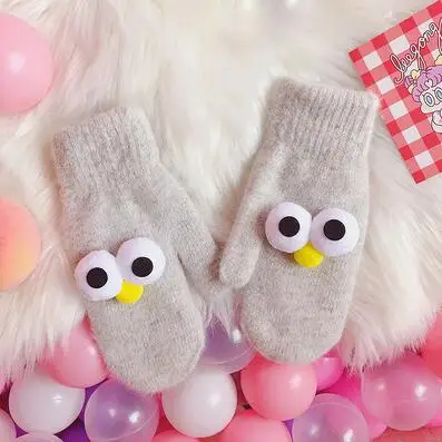 light grey Wholesale 6pairs Japanese cute big eyes small fresh soft sister students wild warm gloves cold gloves couple gloves SH296 TY01 - Цвет: light grey