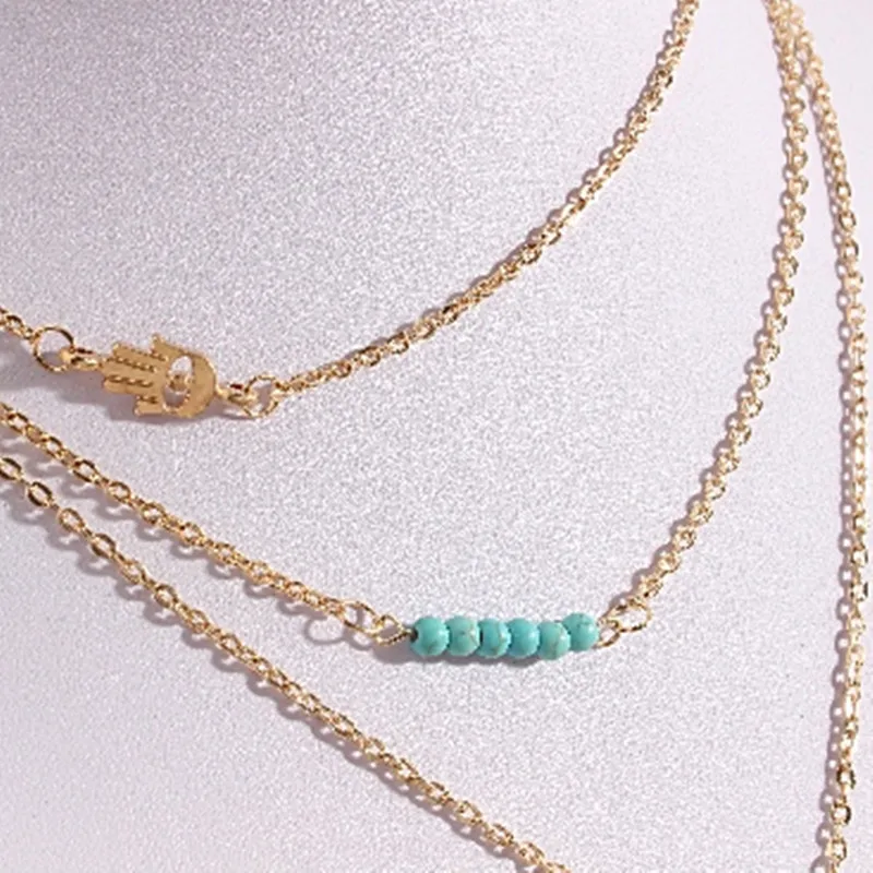 Retro 3 Multi Layer Palm Necklaces Jewelry For Women Bohemian Blue Stone Choker &amp Pendants Collier Femme Accessories | Украшения и