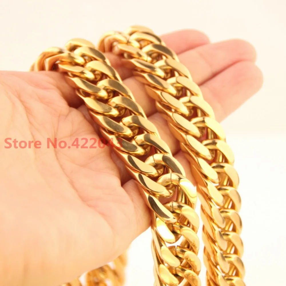 

New Fashion 6/8/10/12/14mm Fashion Yellow Gold Tone 316L Stainless Steel Mens Curb Chain Necklace Jewelry