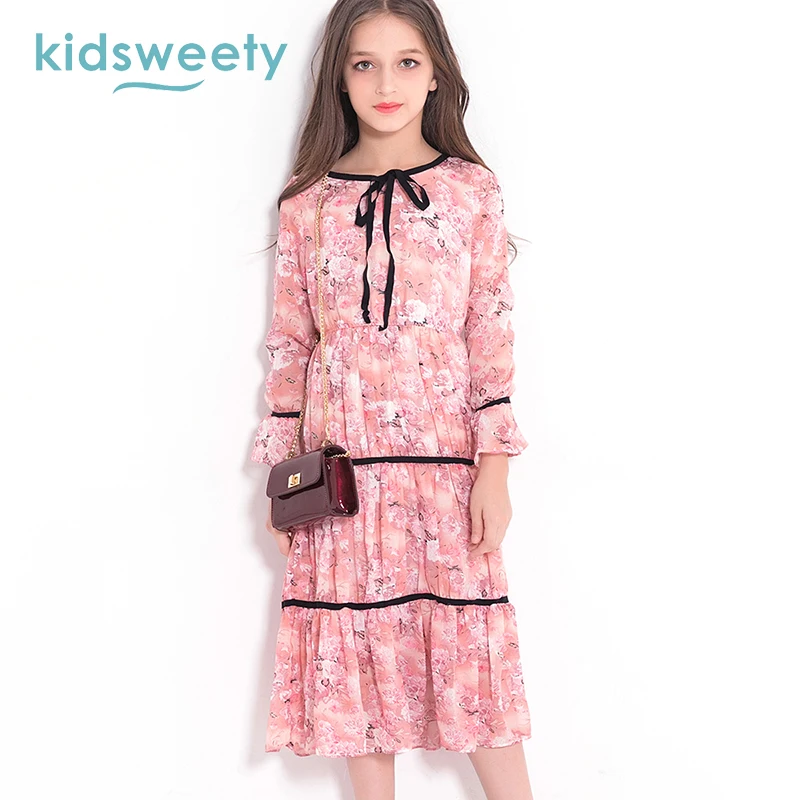Kidsweety Детские платья для девочек розовый с длинным рукавом Высокая Талия пуловер