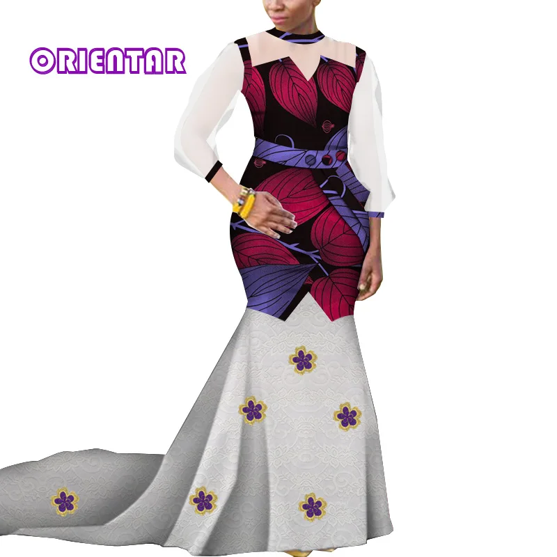 Women African Lace Dresses for Traditional Wedding Long Sleeve Dashiki Dress Elegant Lady Evening Maxi Dress WY4997