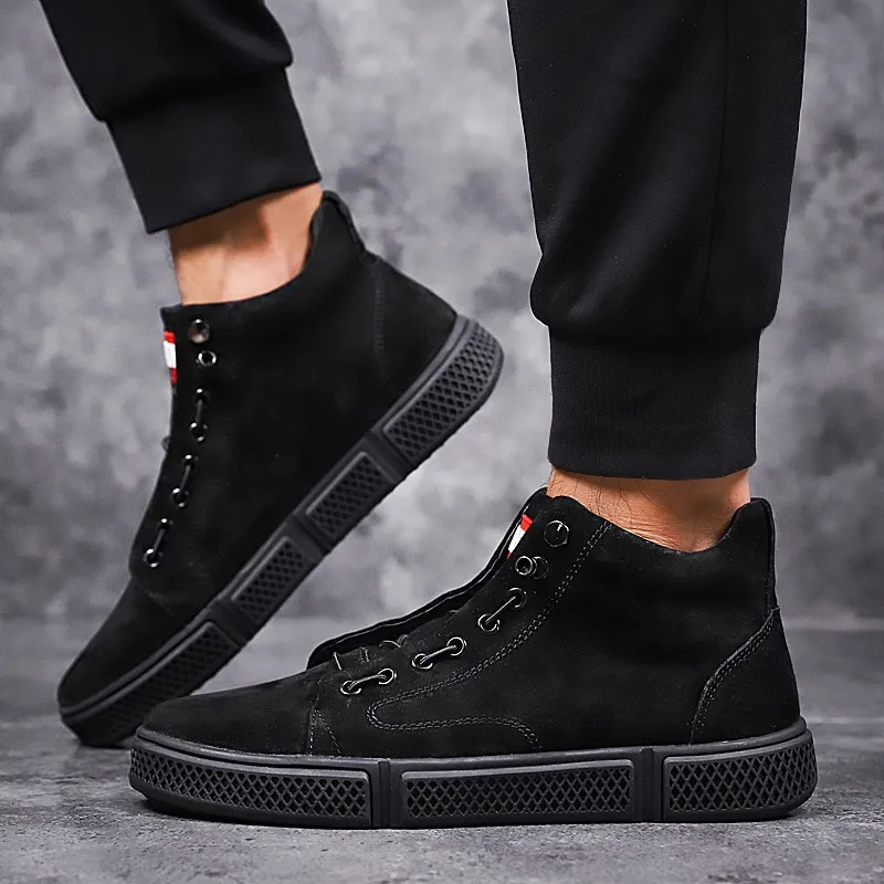 Men Lace Up high top Flats Shoes genuine Leather Casual Men's lace up fashion breathable Vulcanize sneakers Walking | Обувь