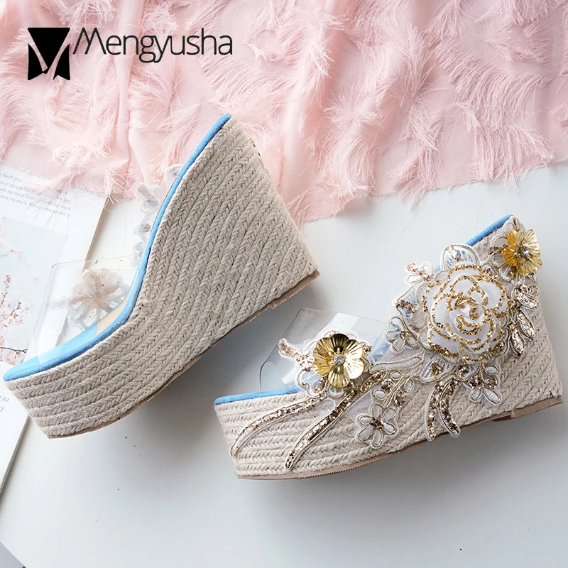 Сандалии женские прозрачные на платформе шлепанцы с цветочным кружевом высоком