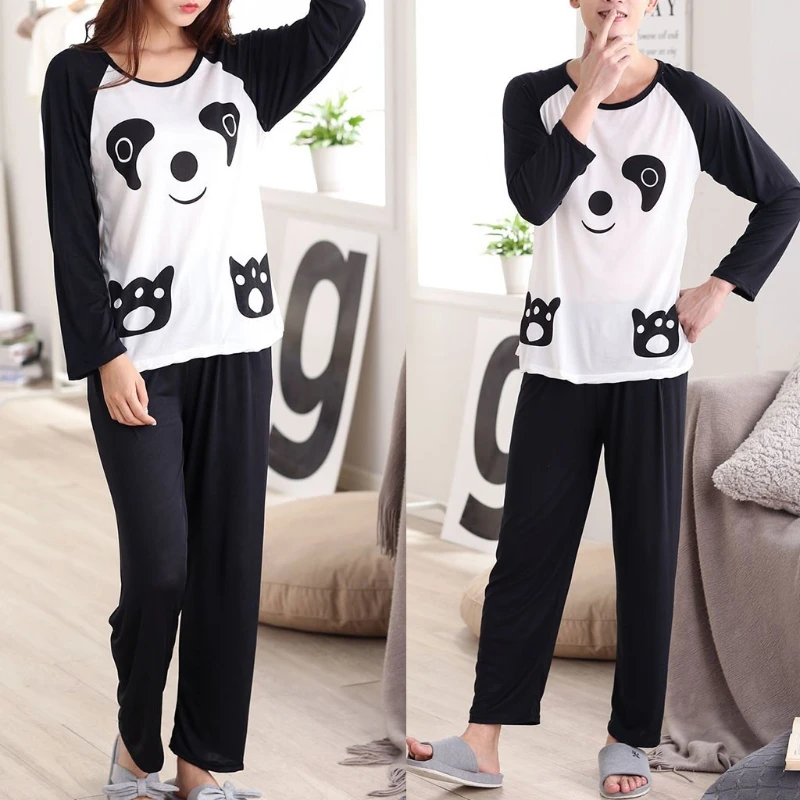 Autumn Couples Sleepwear Cartoon Panda Long Sleeve Pullover Pajamas Set Women Man Casual Nightwear Set