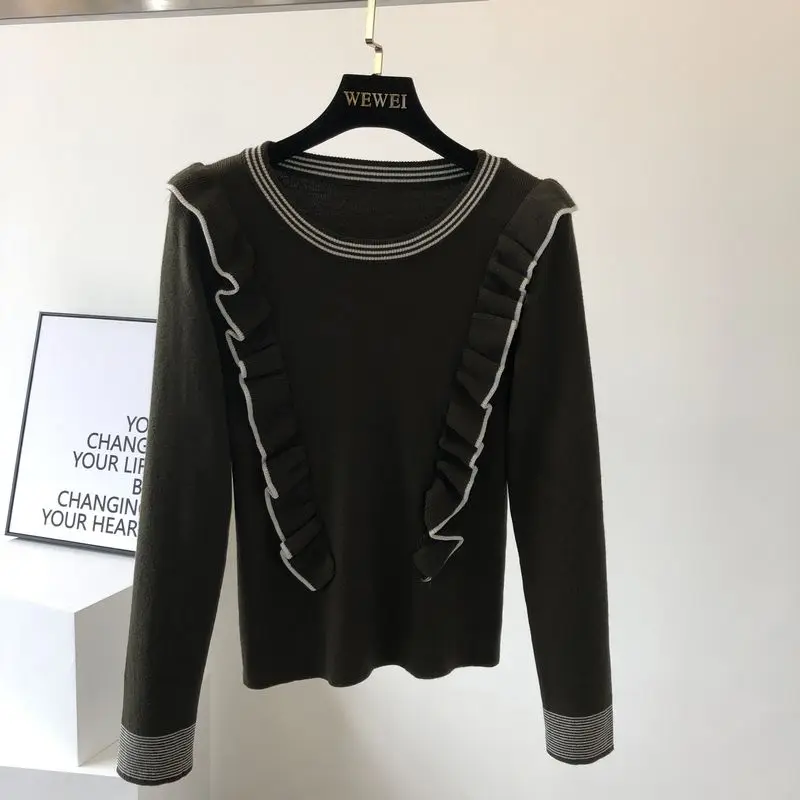 Армейский зеленый ALPHALMODA милые плиссированные джемперы с оборками, вязаный свитер в полоску, пуловеры в консервативном стиле, зимняя одежда для женщин, облегающая женская одежда - Цвет: Армейский зеленый