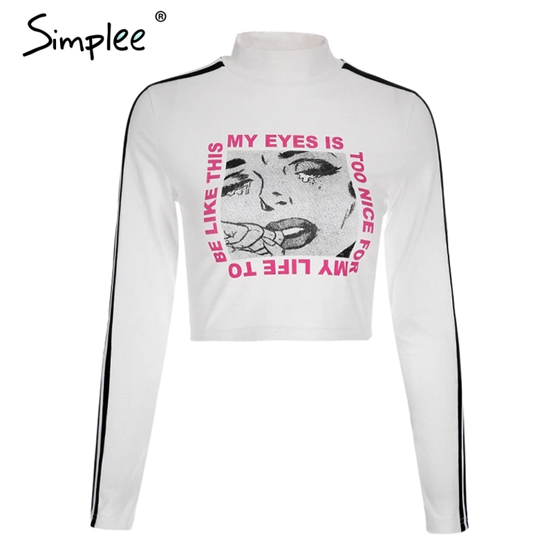 Simplee Водолазка с длинным рукавом женские хлопковые топы боковой полосой персонаж