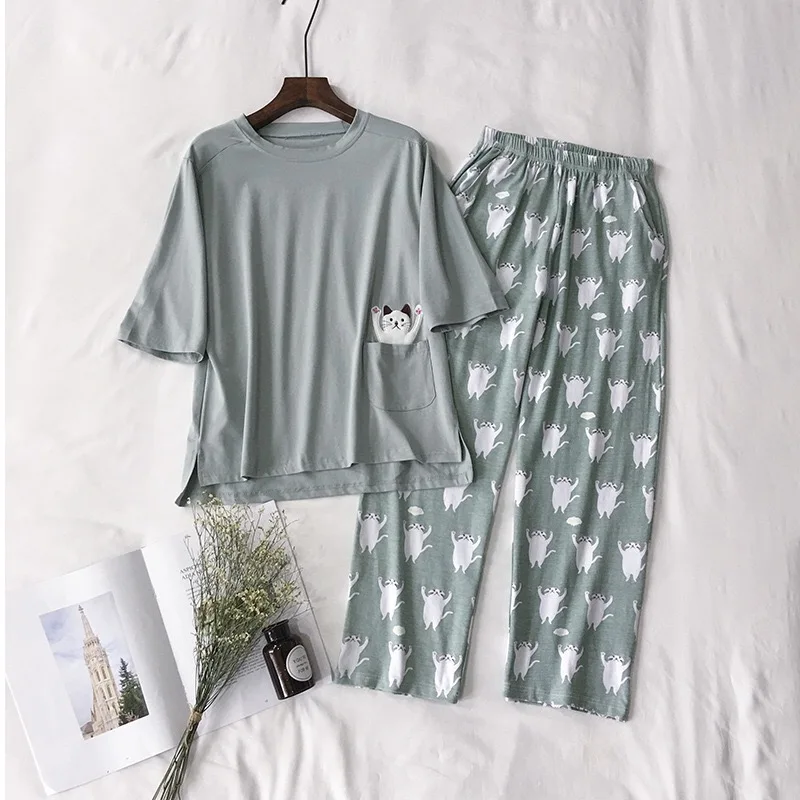 Женский пижамный комплект мягкая пижама с принтом кота из мультфильма домашняя