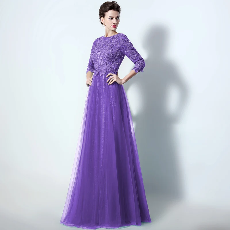 purple234 Элегантное винтажное женское вечернее платье для выпускного Половина рукава А-силуэт кружева кристаллы спинки Длина до пола Длинные вечерние платья o-образным вырезом LX016 - Цвет: purple234