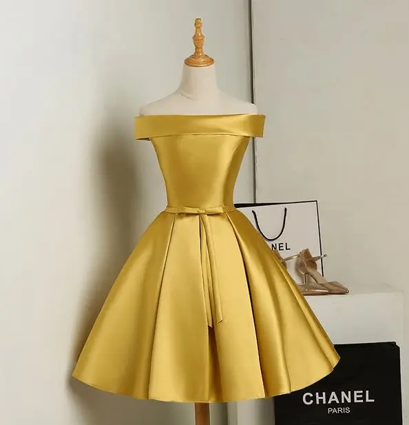 Vestido madrinha новые атласные платья подружки невесты с открытыми плечами и открытой спиной, золотое, королевское, голубое, фиолетовое, розовое, длина до колена, свадебные g - Цвет: Золотой