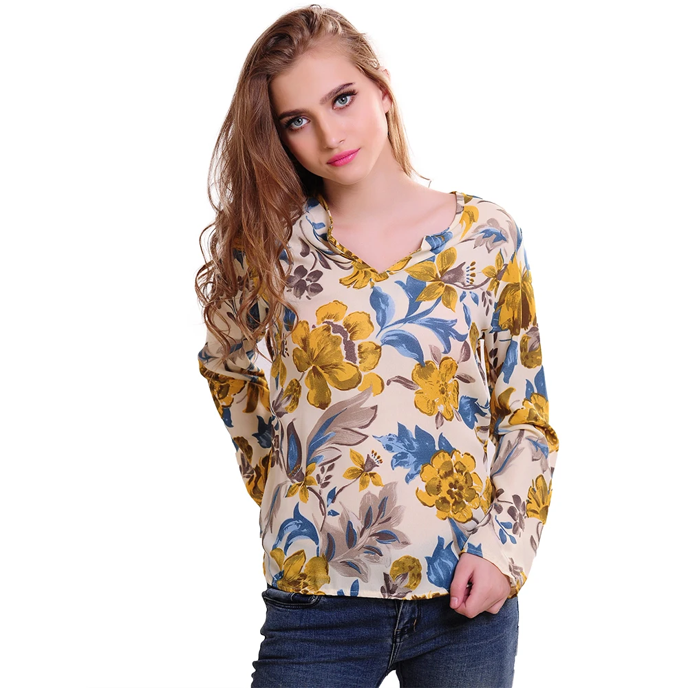 Новинка 2016. Женская блузка из шифона. Рисунок -цветы длинный рукав V-образный
