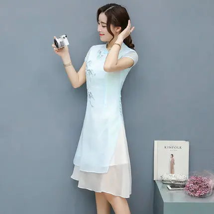 SexeMara Ultra Elegant Chinese Style Women Dress Cheongsam Vintage Summer Chiffon Retro Embroidery Vestidos HFJ026 | Женская одежда