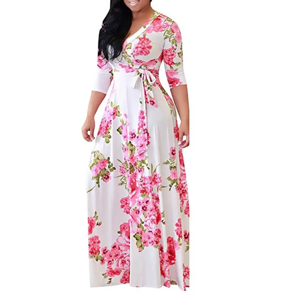 

2019 Plus size 5xl Womens Summer Dress Floral Printed Boho Long Sleeve Chffion Long Maxi Dress Women beach dress sundress