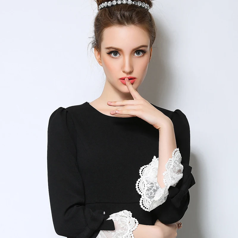 Women Black White Dress 2016 New Patchwork Lace Bow Flare Sleeve O-neck Autumn Ruffles Hem Plus Size | Женская одежда