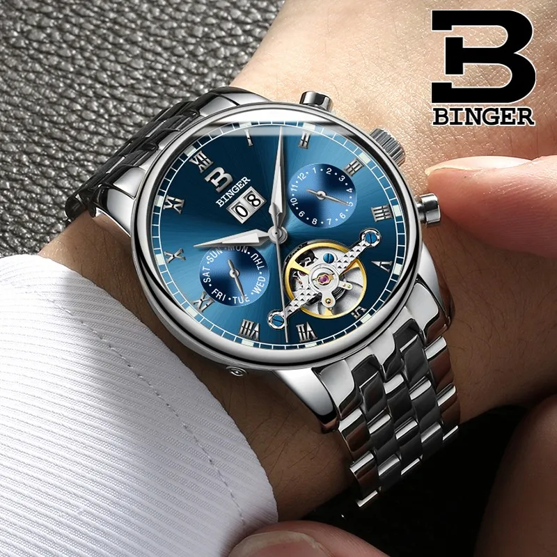 Швейцарские Бингер мужские часы люксовый бренд Tourbillon fulll из нержавеющей стали водонепроницаемые механические наручные часы B-8604-6