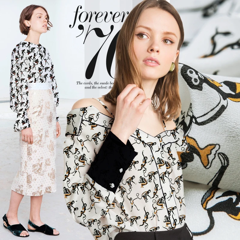 Блузка из чистого шелка с длинным шлейфом и принтом обезьяны мультфильма платье