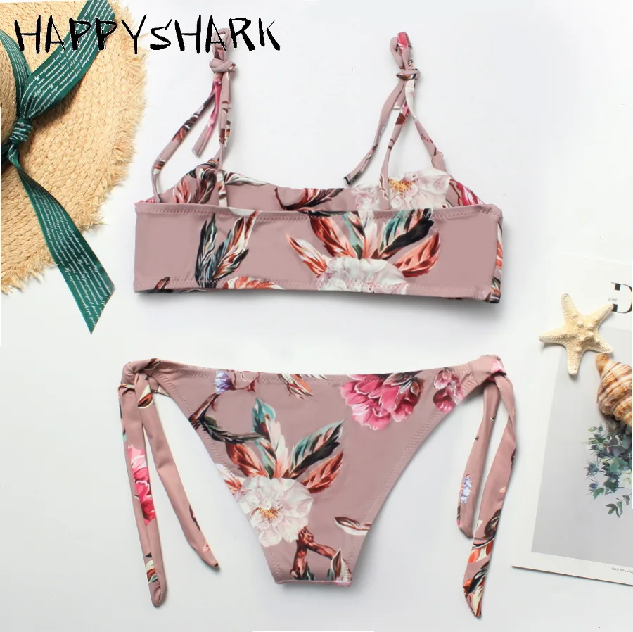 Бикини HAPPYSHARK с цветочным принтом новинка 2019 Бразильское бикини розовое стринги
