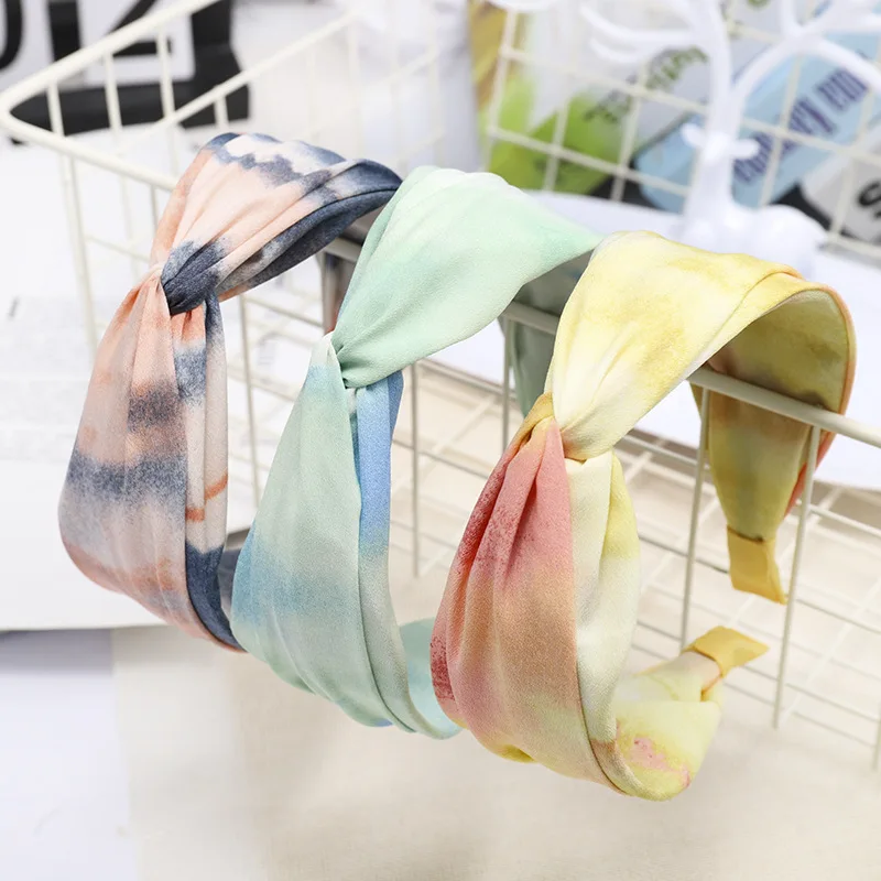 

2021 New Women Fashion Hair accessories Bohemian Satin Tie Dye Cross Hairband Flower Headband Girl Hair Jewelry Headwear