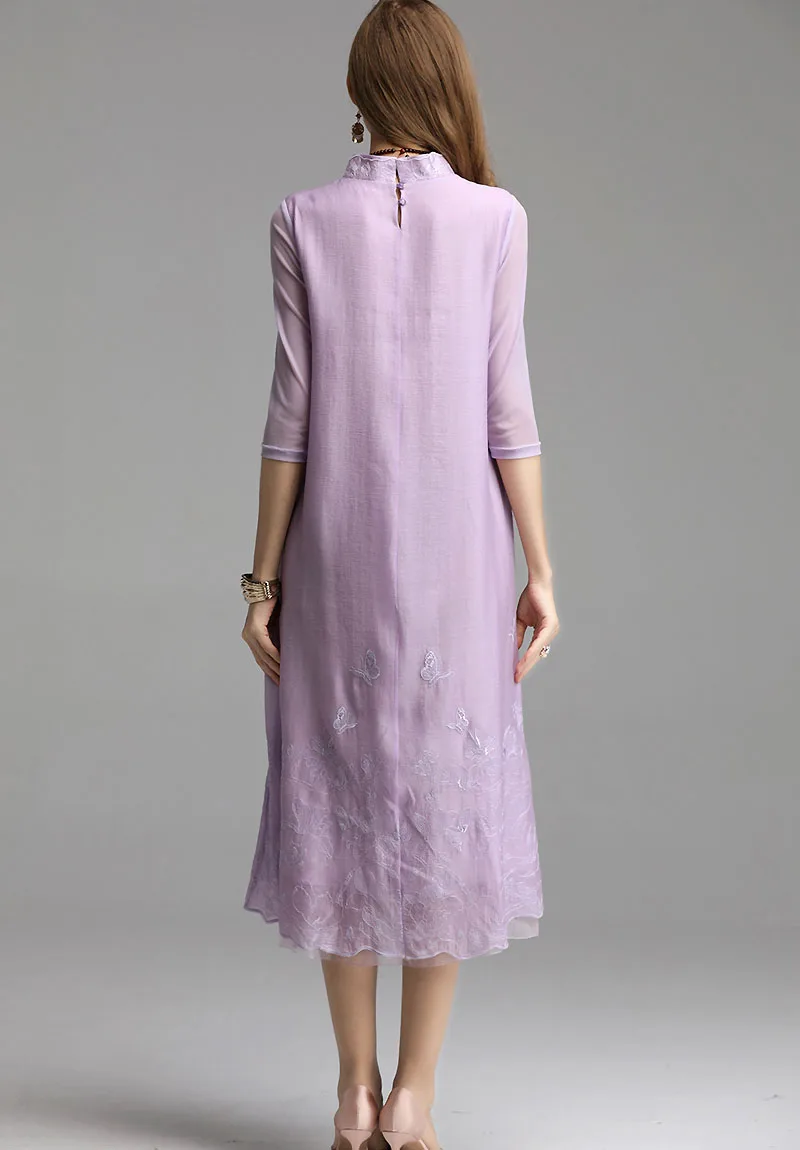 Летнее фольклорное платье на заказ с воротником-стойкой вышивкой из тенсела