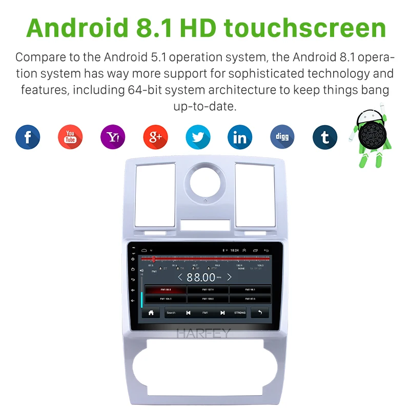 Harfey 9 дюймов HD тачскрин радио для Chrysler Aspen 300C 2004 2005-2008 Android 8,1 стерео Bluetooth AUX поддержка Carplay