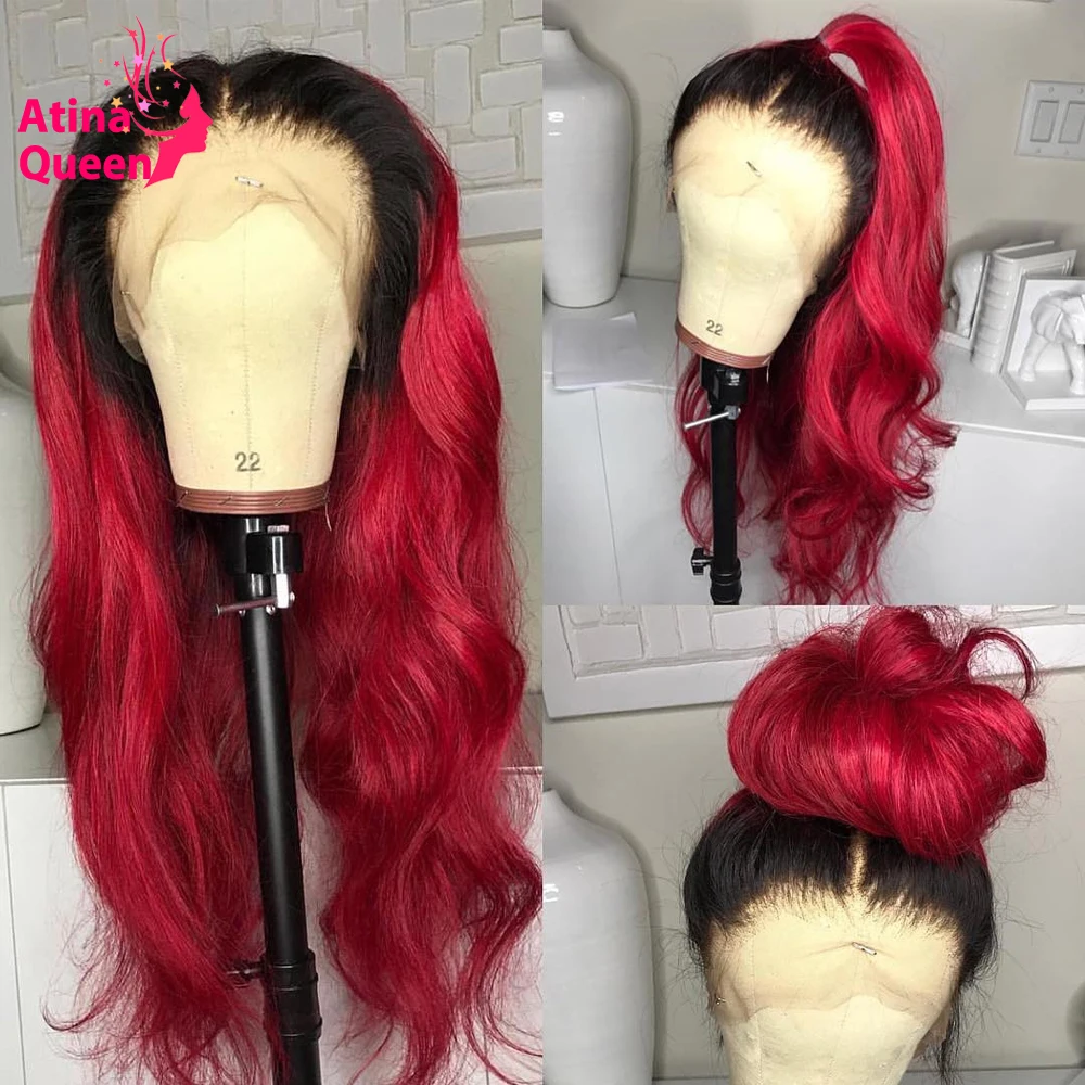 Цветные черные корни красные 1B/бордовый 13*3 человеческие волосы на кружеве парики