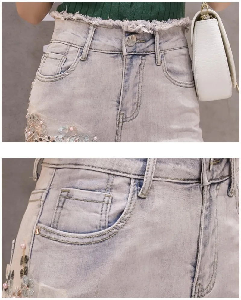 Женские джинсы эластичные с высокой талией 3D Цветочная Вышивка Аппликации жемчуг Длинные повседневные женские брюки джинсовые обтягивающие джинсы расклешенные брюки