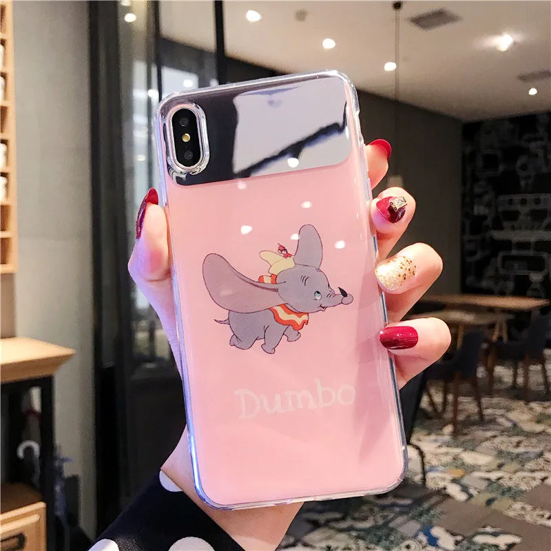 Laser edge mirror face cute Cartoon Dumbo soft shell Pink blue phone Case For Apple iphone 6 6s 7 8 Plus X XS XR MAX epoxy |