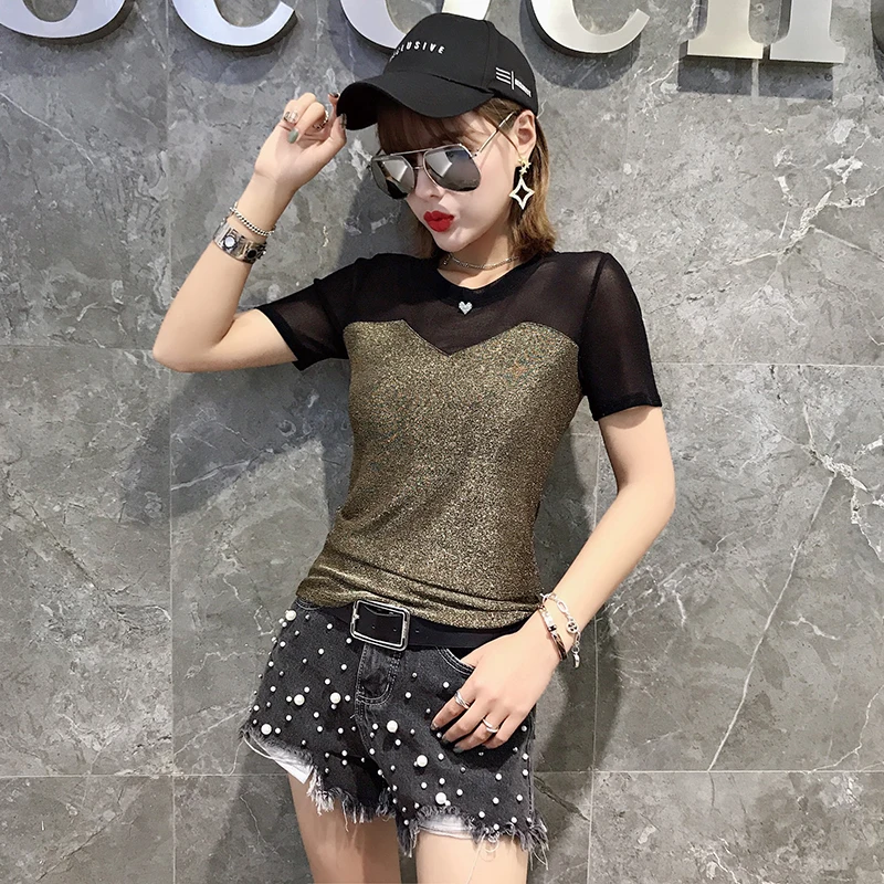 Black gold tshirt Модная сетчатая блуза со вставкой Для женщин новое летнее платье с О-образным вырезом с короткими рукавами с пересекающимися мигающими звездами Футболка Camiseta Mujer Цвета: черный, золотистый, серебристый T95604 - Цвет: Black gold tshirt