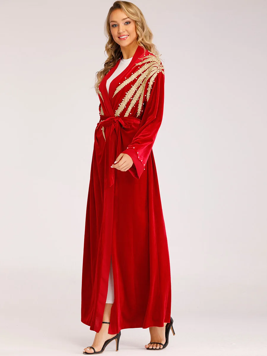 Abaya Дубай модный вышитый жемчужный кардиган мусульманский с длинными рукавами Золотой Бархат Вышивка кимоно мусульманская одежда