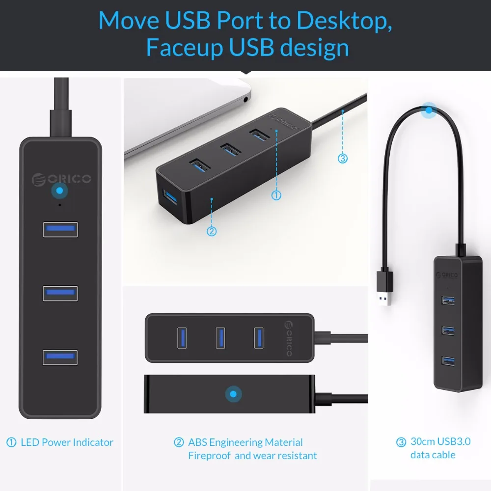 ORICO W5PH4-U3 USB 3,0 4 порта концентратор 5 Гбит/с высокая скорость для ноутбука компьютера телефона планшета ультрабук с чипсетами Vl812 черный/белый