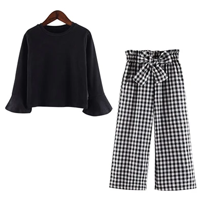 Черный Spring Autumn New Girls Clothes Solid Color Horn Long-Sleeved Shirt+ Plaid Trumpet Trousers Girls Suit Children Clothing - Цвет: Черный