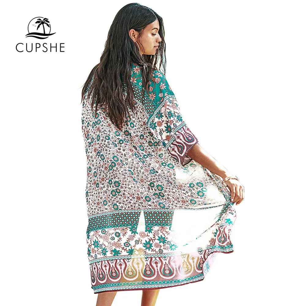 CUPSHE розовый и бирюзовый принт шифон кимоно бикини накидка купальник женский 2019