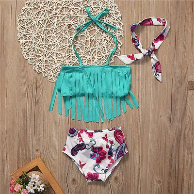 Детский купальник с бахромой для девочек синяя жилетка и милые цветочные шорты