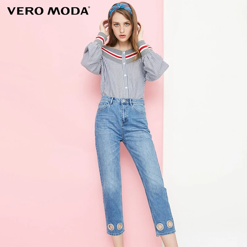 Vero Moda новые женские декоративные кольца с высокой талией Прямые укороченные джинсы | 318349551