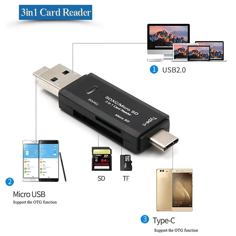 Black Кард-ридер адаптер 3в1 USB3.1 USB-C TF Тип C SD для Macbook ноутбука Настольный компьютер поставки Прямая поставка - Цвет: Black