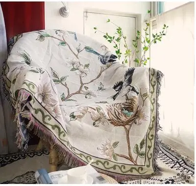 Satılık Çiçek Kuş Desen Pamuk Ipliği Battaniye Kanepe Havlu Tek Sandalye örtüsü Battaniye Halı Tam Kapak Kaymaz Kalınlaşma