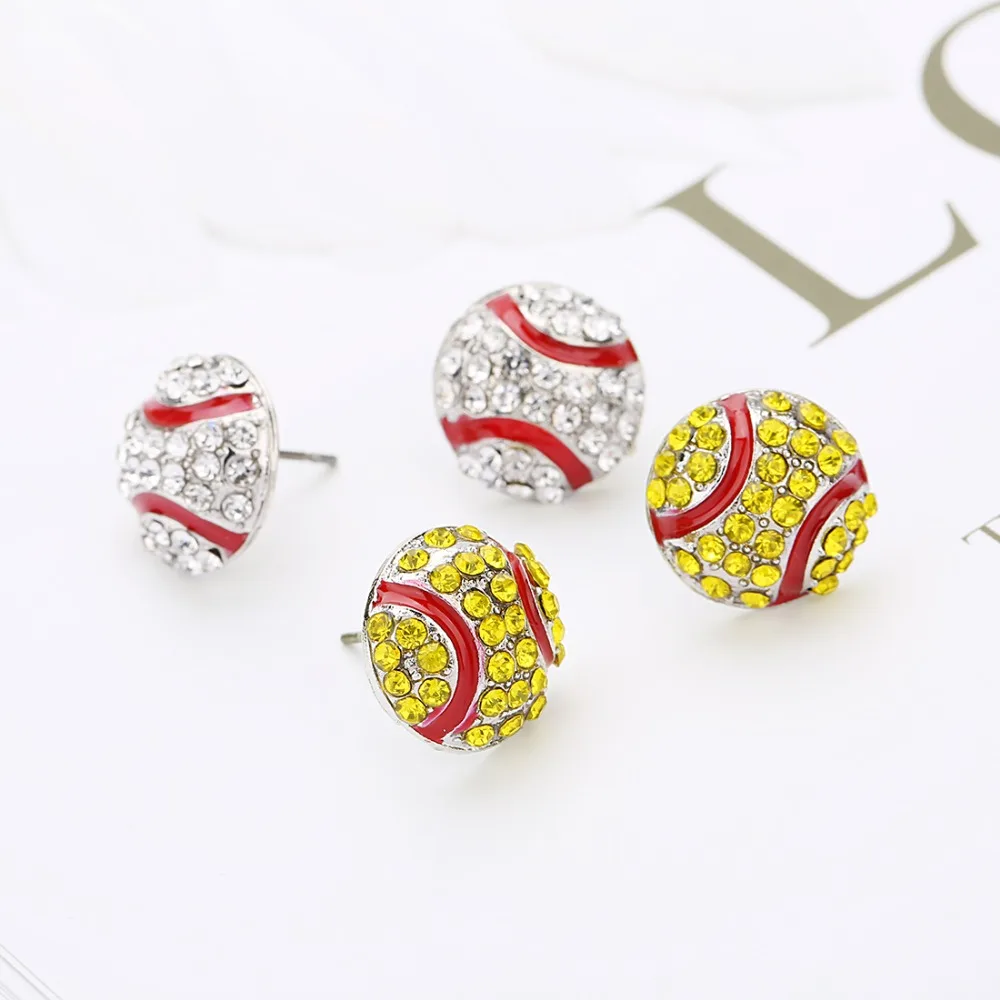 

fashion crystal stone baseball charm sporty women stud earrings round red enamel white/yellow rhinestone one pair F7380