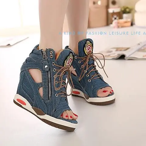 Denim Canvas Gladiator Women's Sandals 2019 Side Zip Peep Toe Summer Fashion High Heel Wedges Female Shoes Ankle Zapatos Mujer | Обувь