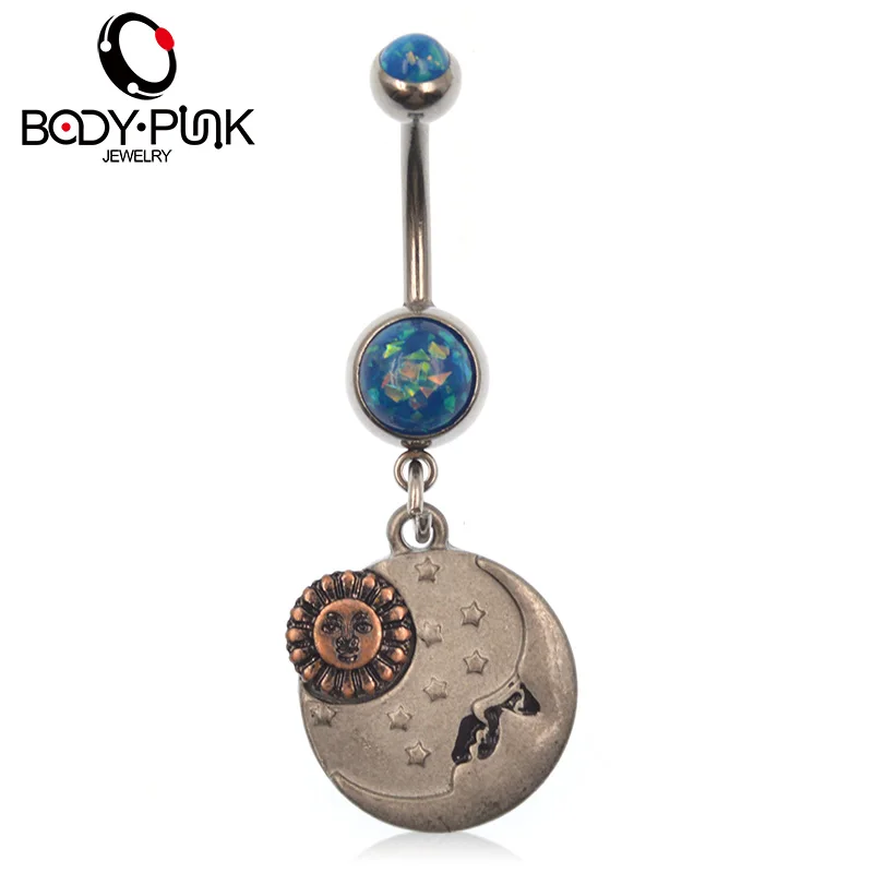 

BODY PUNK Belly Button Rings Sun Moon Stainless Steel Blue Opal Dangle Navel Ring 1.6*16*45mm For Women Body Piercing Jewelry