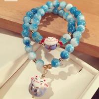 lucky cat natual stone bracelet cute cat charm crystal beads bracelets for women multi layer fine jewelry female