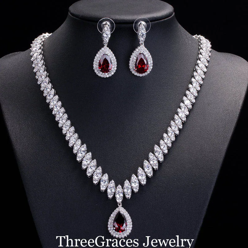 ThreeGraces известный бренд классический капли воды серебряный цвет кубический циркон Королевский синий Свадебный костюм Ювелирные наборы для женщин JS105 - Окраска металла: red