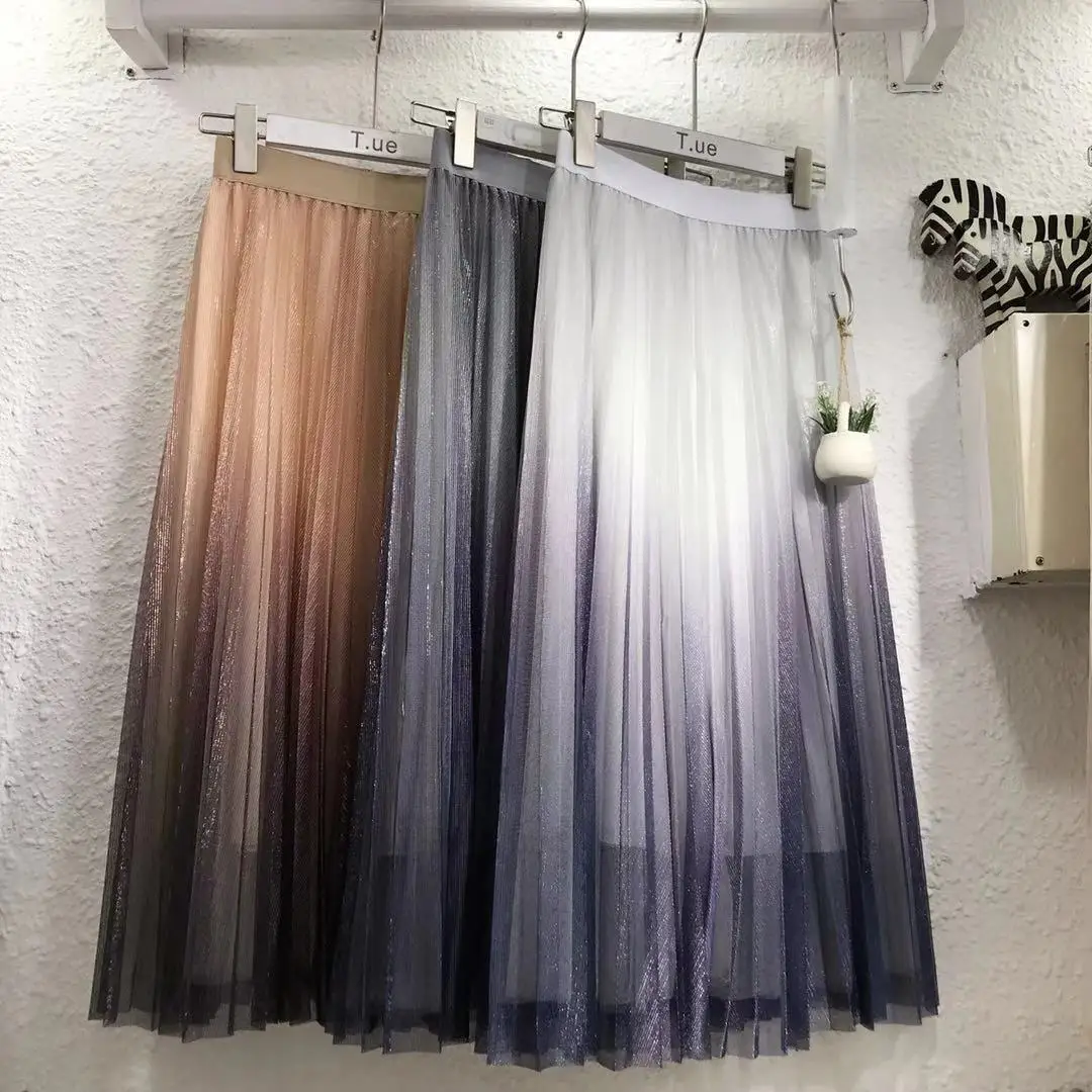 Женские юбки длинные девушки волшебный Шелковый ткань новый градиент цвета