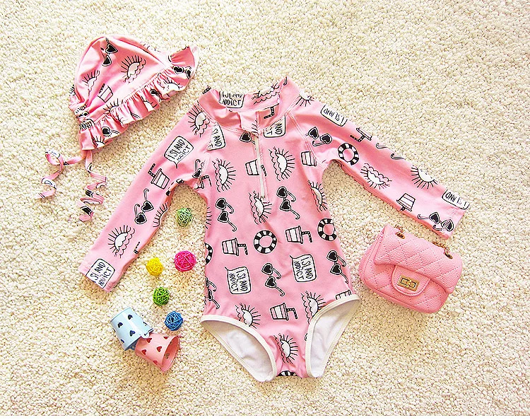 Dollplus/Одежда для купания для девочек; летний купальный костюм с длинными рукавами и принтом для девочек; комплект из 2 предметов; пляжная одежда с рисунком для маленьких девочек; одежда для купания для маленьких девочек