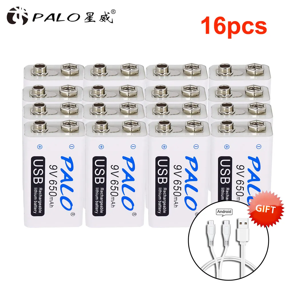 PALO 9v 650mah батарея USB 9В литий-ионная литиевая батарея аккумуляторная батарея 6f22 батарея для микрофон Пульт дистанционного управления - Цвет: 16pcs