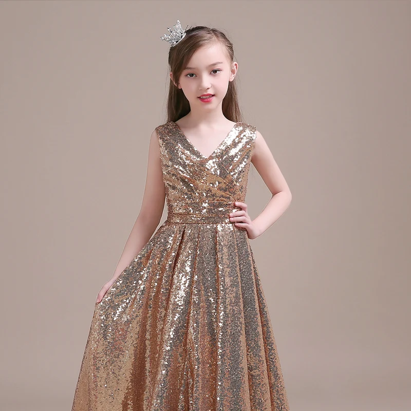 Детское вечернее длинное платье с золотыми блестками одежда для выступлений