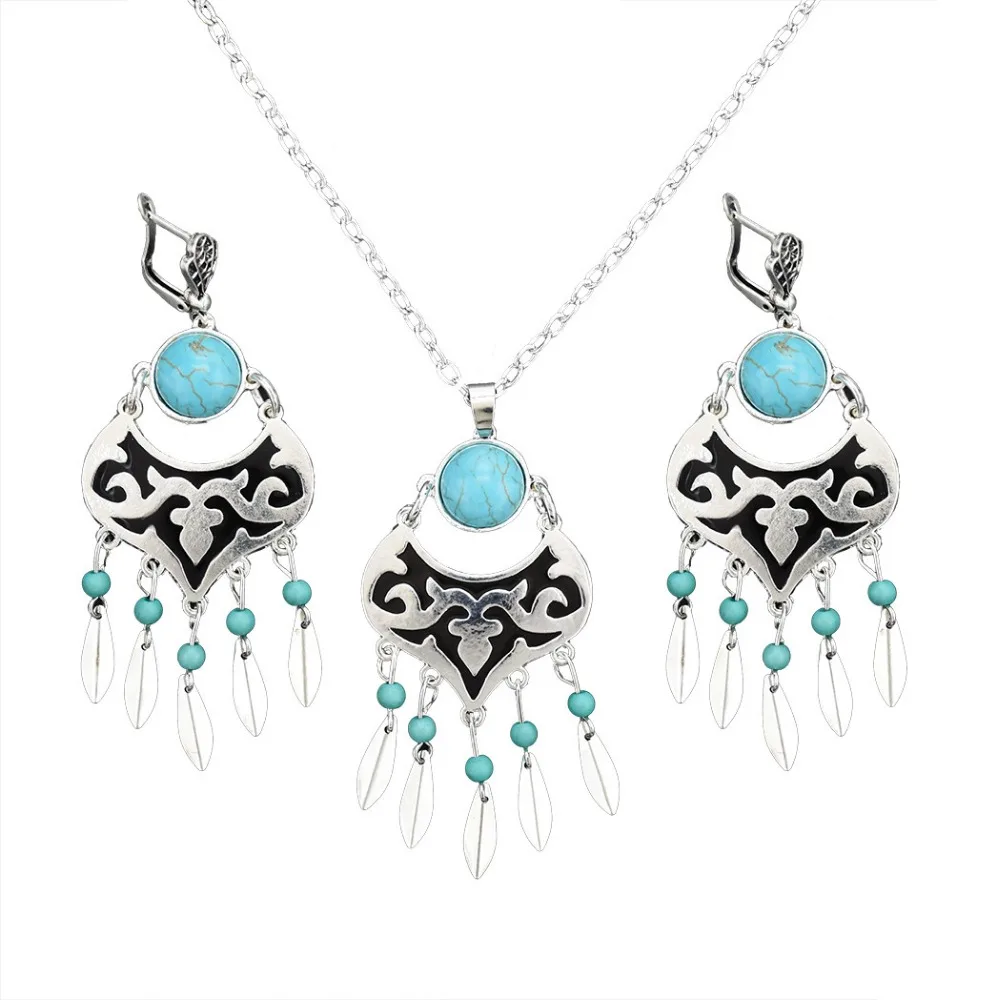 

Pendant Necklace Drop Earring Set 2 Color Antique Tibetan Indian Tribe Ethnic Charm Women Engagement Jewelry Set.