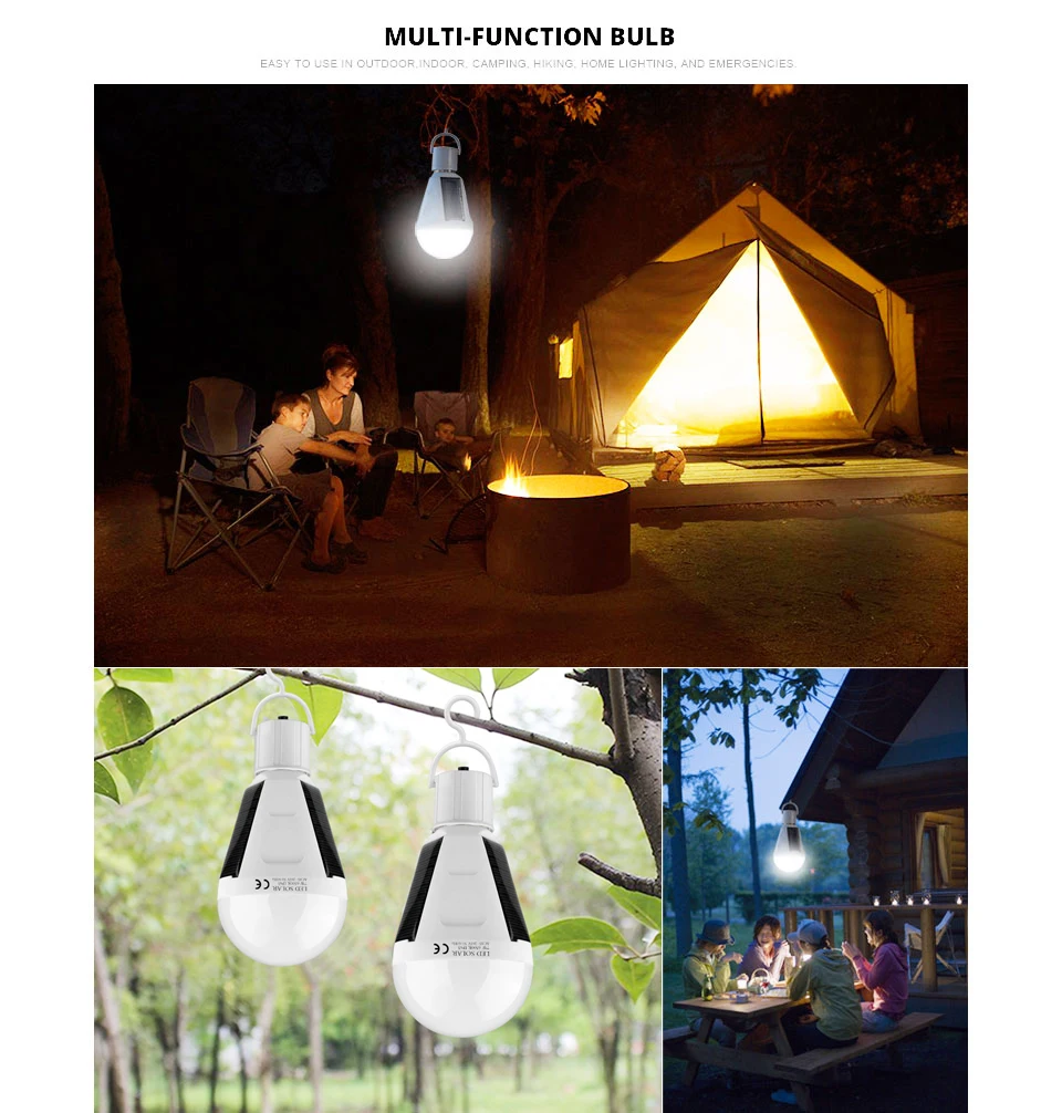 Перезаряжаемый светодиодный светильник E27 Bombilla, светодиодный светильник на солнечной батарее, 7 Вт, 12 Вт, портативный наружный походный светильник, садовая ампульная Ночная лампа с батареей