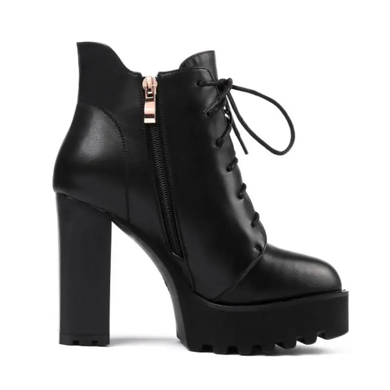 FITWEE Women Thick High Heels Ankle Boots Lace Up Platform Shoes Winter Strappy Round Toe Zipper Size 34-39 | Обувь