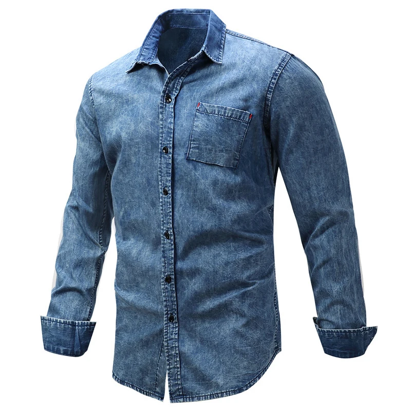 Мужская джинсовая рубашка с длинным рукавом Camisa Masculina голубая большого размера 3XL